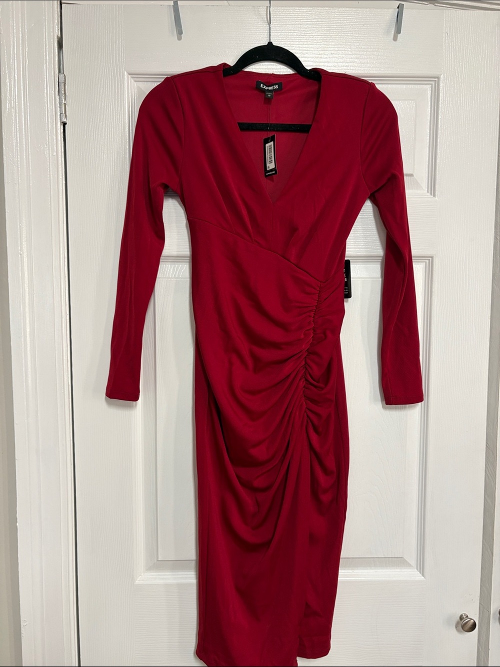Express Cherry Red Ruched V-Neck Midi Dress